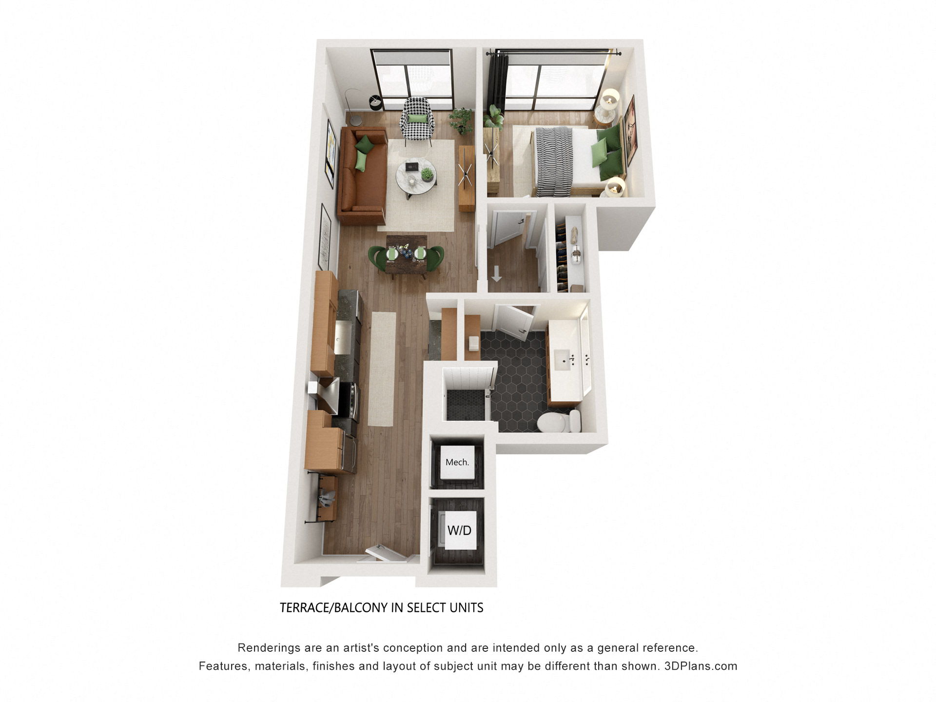 Floor plan for 1 bed, 1 bath, 583 sqft